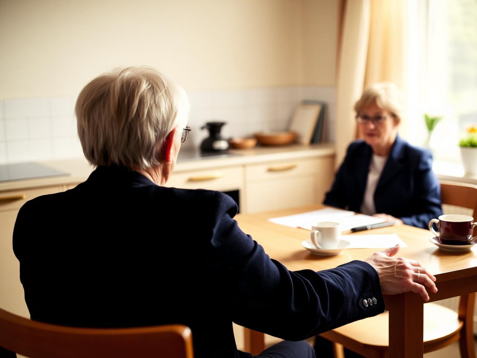 Gesundheitsassistentin im persönlichen Gespräch mit einer Seniorin in einem hellen Beratungszimmer